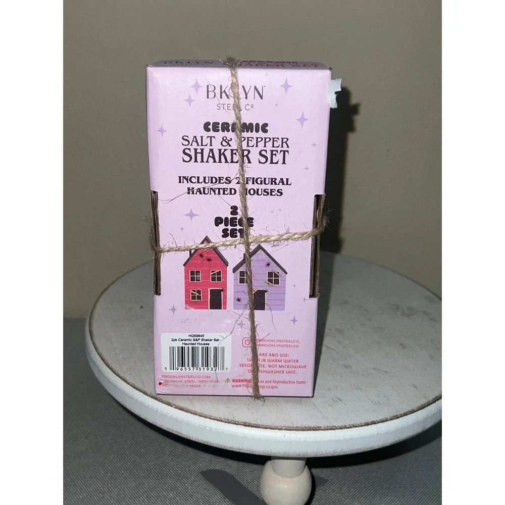 BKLYN Steel Co Ceramic Salt and Pepper Shaker Set Haunted House Halloween Pink